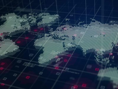 digital world map hologram blue background