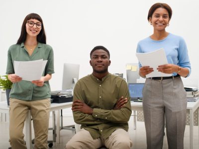 front view people posing work